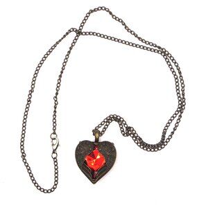 Goth Vtg Sumni Red Flame Heart Necklace Dark Brass 14" Drop Chain
